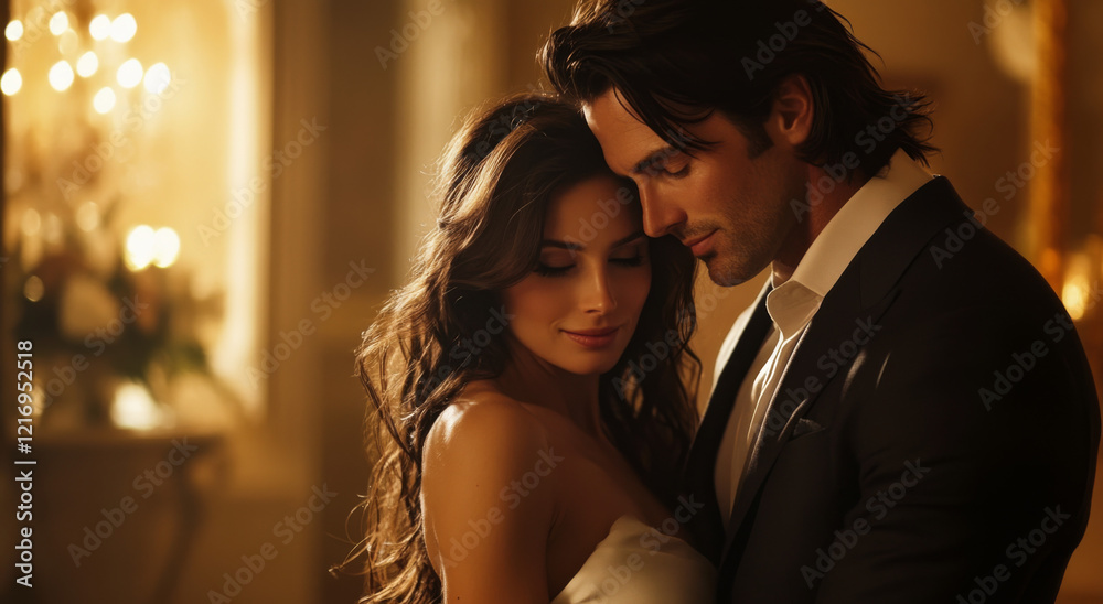 Couple embracing in elegant setting with warm lighting at a romantic event Couple embracing in elegant setting with warm lighting at a romantic event