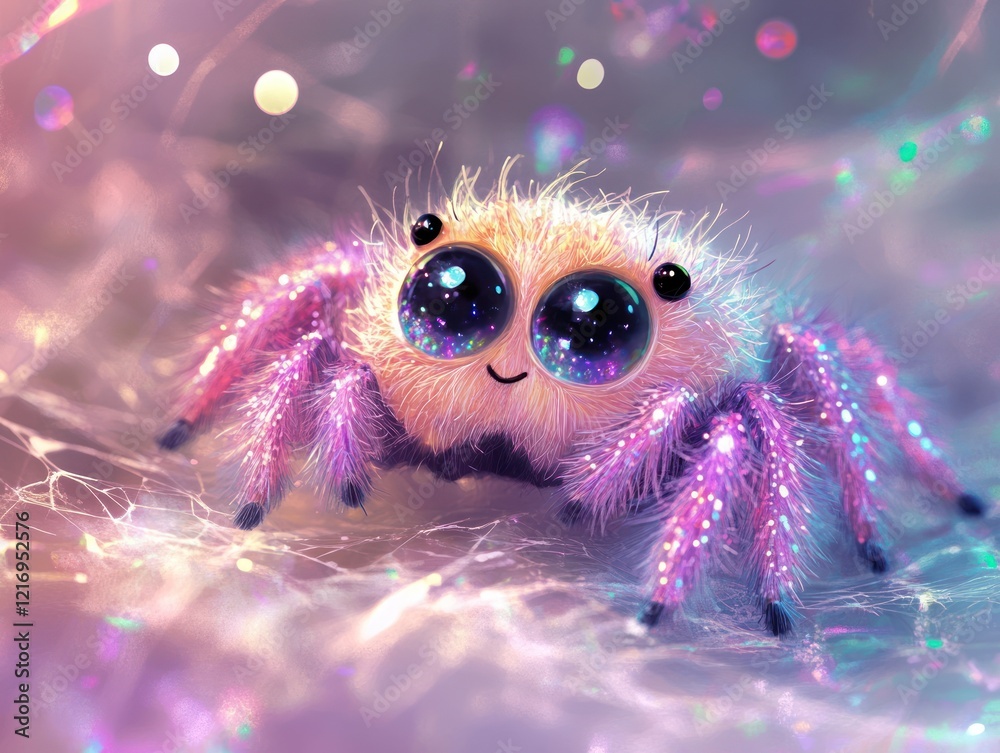 Cute sparkly spider on web, magical background, children's book illustration Cute sparkly spider on web, magical background, children's book illustration