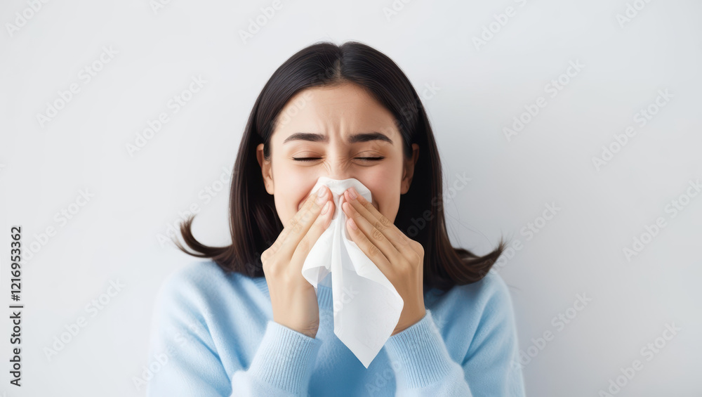 woman sneezing into tissue while wearing light blue sweater, expressing discomfort against plain white background woman sneezing into tissue while wearing light blue sweater, expressing discomfort against plain white background