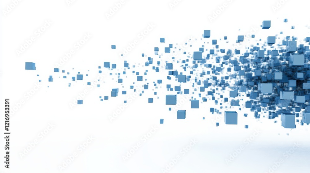 Abstract design featuring floating blue cubes on a white background. Abstract design featuring floating blue cubes on a white background.