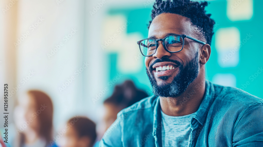 Obraz premium Happy African American Man Wearing Glasses in a Room