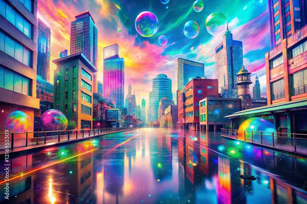 Fototapeta premium Holographic Pastel Urban Exploration Background with Text Space - Stock Photo