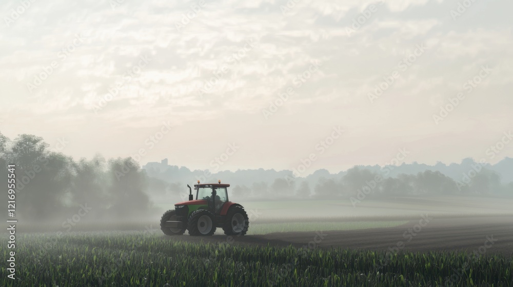 Fototapeta premium Tractor working in foggy fields during early morning light near a rural landscape