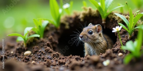 A curious small rodent peeking from its burrow amidst burgeoning springtime vegetation. photo