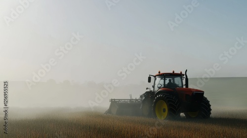 Tractor works in a misty field at dawn to prepare for the planting season in early morning light