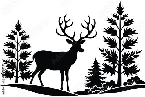 Black silhouette of a standing deer on a white background