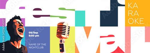 Stylish karaoke festival bold abstract geometric design with microphone and singing man. Suitable for party invitations, concert promotions and nightclub events