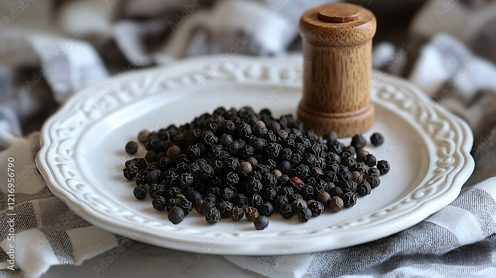 A serene composition of black peppercorns resting on a smooth white ceramic plate, paired with a small wooden grinder, creating a calming and natural aesthetic. A serene composition of black peppercorns resting on a smooth white ceramic plate, paired with a small wooden grinder, creating a calming and natural aesthetic.