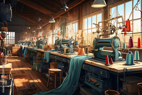 Interior design of textile workshop in garment factory with automated sewing machines