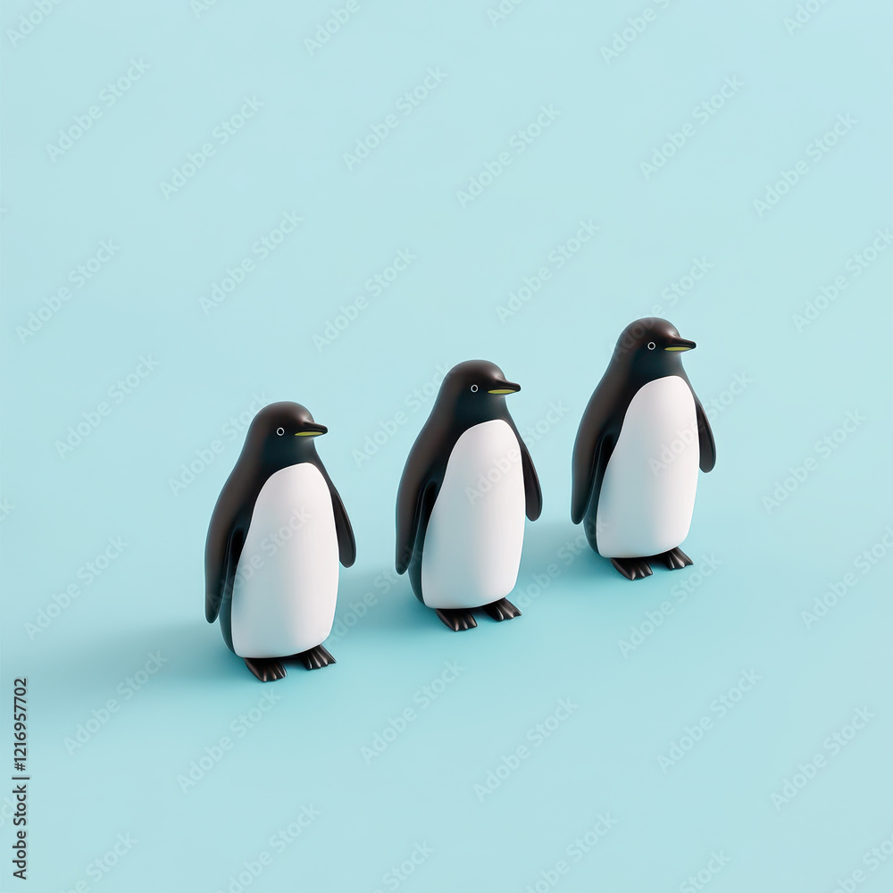 Obraz premium Three cute penguins standing in row on light blue background, showcasing their playful nature