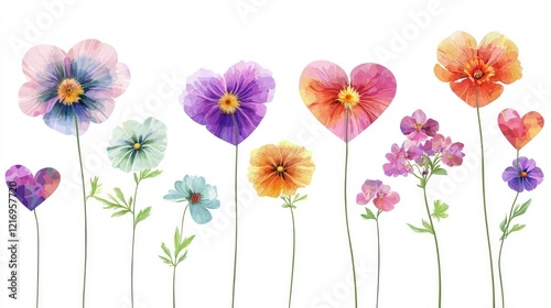 blooming flowers with petals sprouting into heart shapes, isolated on transparent background.