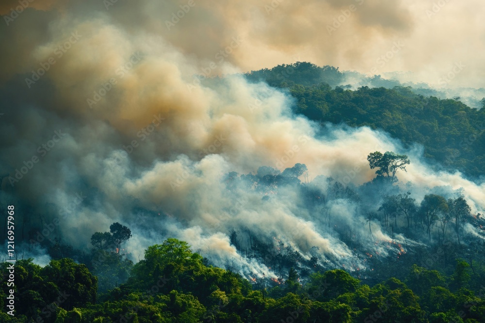 Thick smoke plumes rising from the forest floor, possibly due to wildfires or logging operations Thick smoke plumes rising from the forest floor, possibly due to wildfires or logging operations