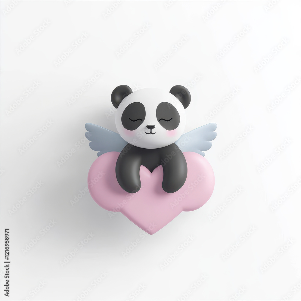 Obraz premium Cute panda angel resting on pink heart, conveying sense of peace and love