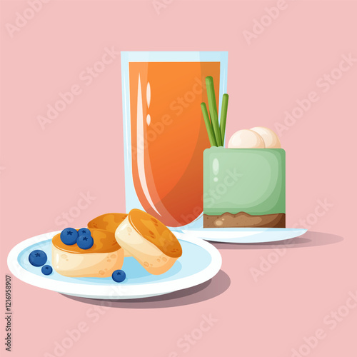  A breakfast with syrniki, blueberries, dessert, and orange juice. A vector illustration of fresh syrniki with berries, served with a glass of fresh juice and a dessert.