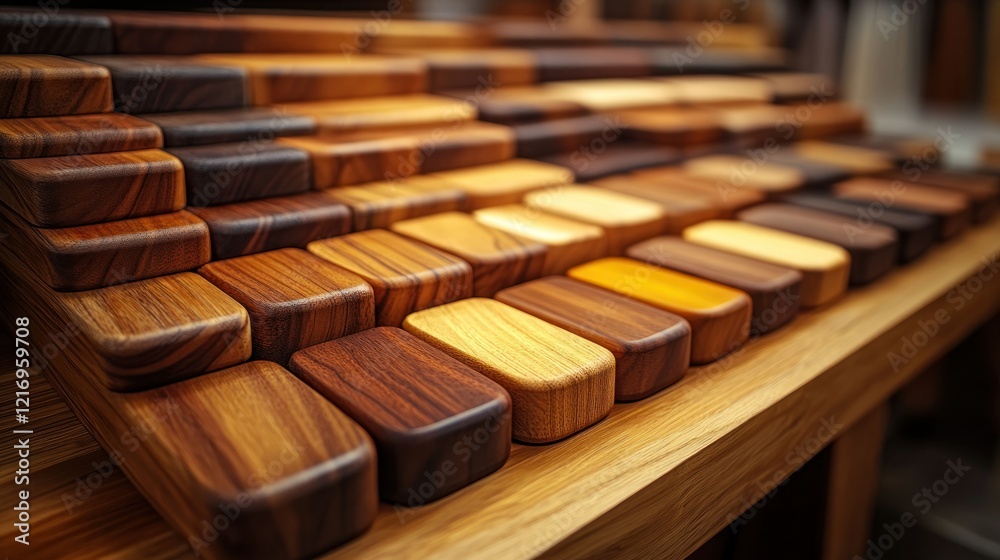 Wood samples display, workshop, craftsmanship, background blur, design Wood samples display, workshop, craftsmanship, background blur, design