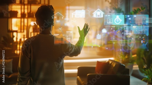 Person Interacts With Virtual Smart Home Interface. photo
