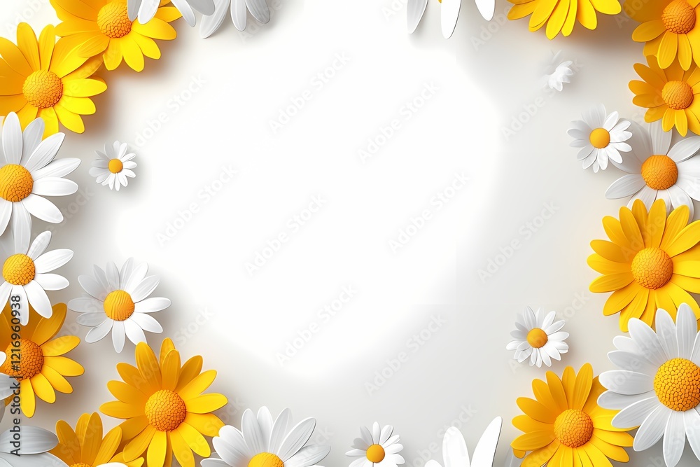 A circular frame of daisies with copy space, real flower photo, flowers border white background A circular frame of daisies with copy space, real flower photo, flowers border white background