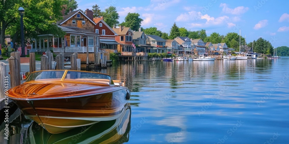 Obraz premium Luxury Wooden Boat Docked at Lakeside Village