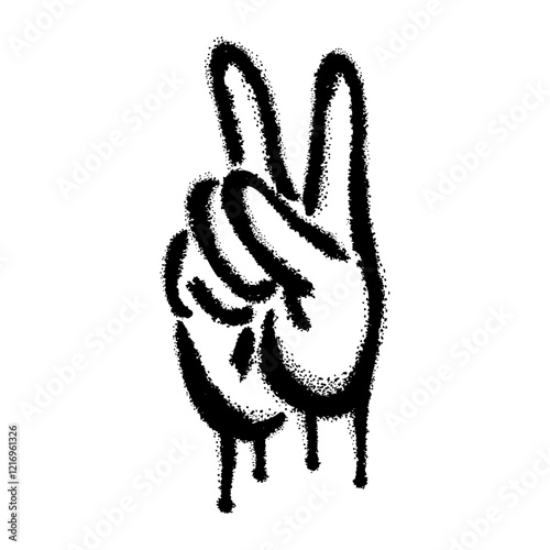 Spray black painted urban graffiti hand gesture V symbol for victory. Vector V sign for peace illustration isolated on white background.