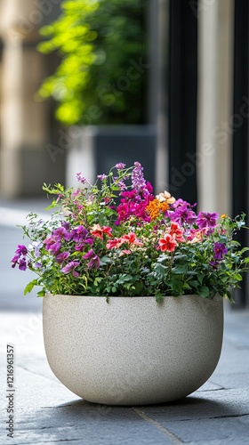 A modern planter filled with fresh spring flowers, placed on a smooth stone sidewalk. picture