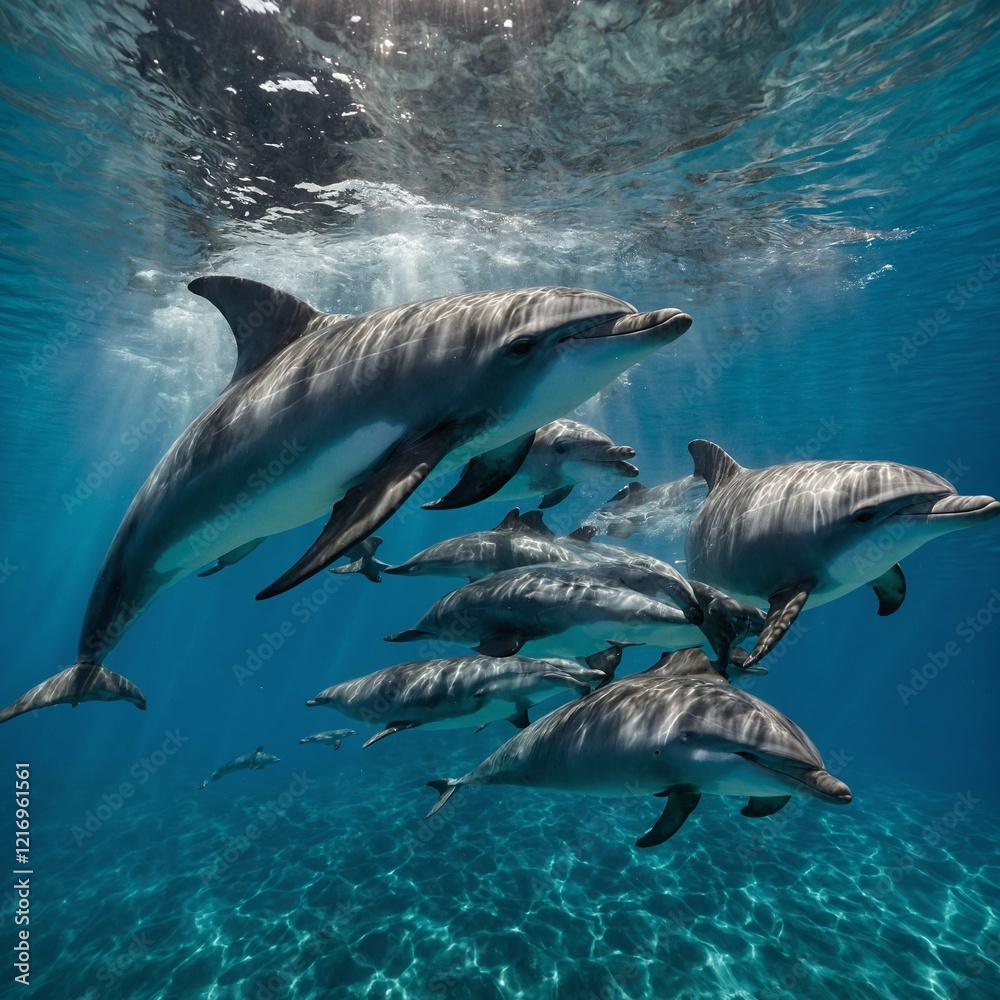 Fototapeta premium A pod of dolphins swimming in crystal-clear ocean water.