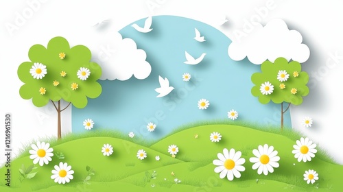 Idyllic Spring Landscape Paper-Cut Style Trees, Flowers, and Birds in Flight