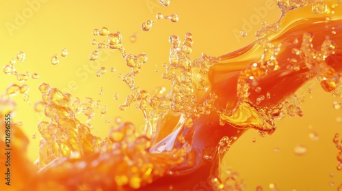Orange juice splash, vibrant yellow background, refreshing drink, advertising