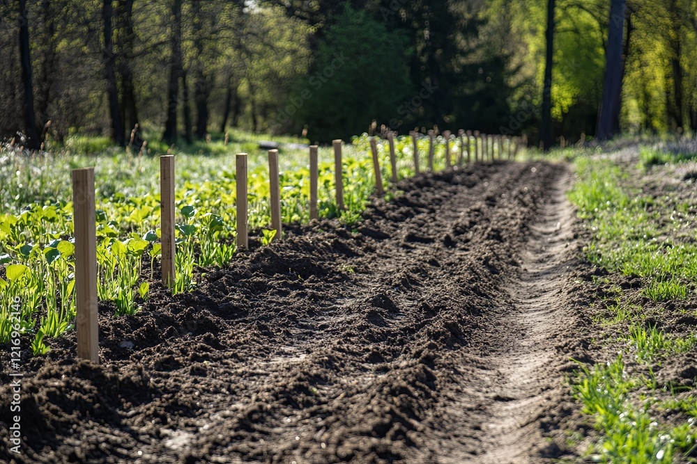 A neat row of garden stakes placed beside freshly planted rows of seedlings. picture A neat row of garden stakes placed beside freshly planted rows of seedlings. picture