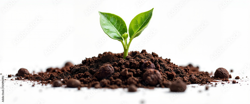Young plant sprouting from rich soil on white background Young plant sprouting from rich soil on white background