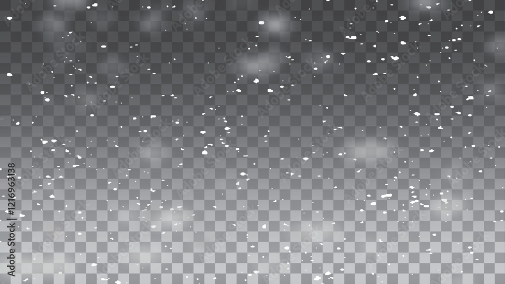 Falling snowflakes with blurry snow particles on dark transparent background. Vector illustration