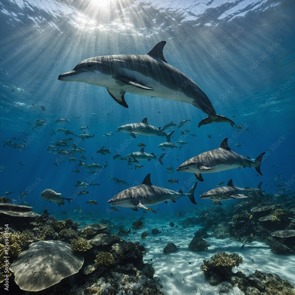 A vibrant underwater scene with dolphins, sharks, and turtles swimming together. A vibrant underwater scene with dolphins, sharks, and turtles swimming together.