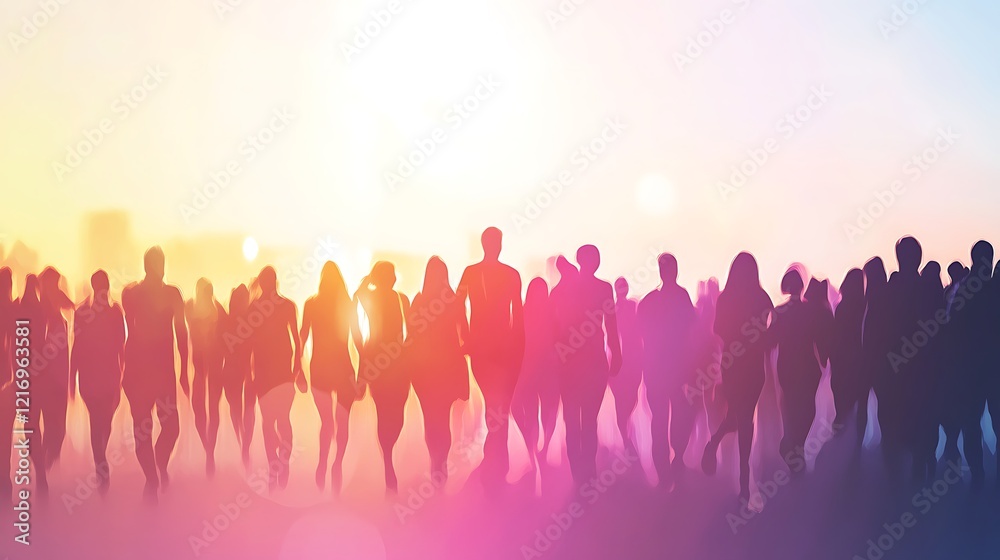 A group of individuals jogging in a metropolis at dawn, with a vibrant color palette of orange, yellow, and pink, conveying a sense of energy and motivation. A group of individuals jogging in a metropolis at dawn, with a vibrant color palette of orange, yellow, and pink, conveying a sense of energy and motivation.