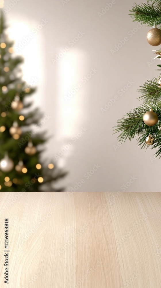 Wooden tabletop with blurred Christmas tree in background, adorned with gold baubles, creating a festive holiday atmosphere. Wooden tabletop with blurred Christmas tree in background, adorned with gold baubles, creating a festive holiday atmosphere.