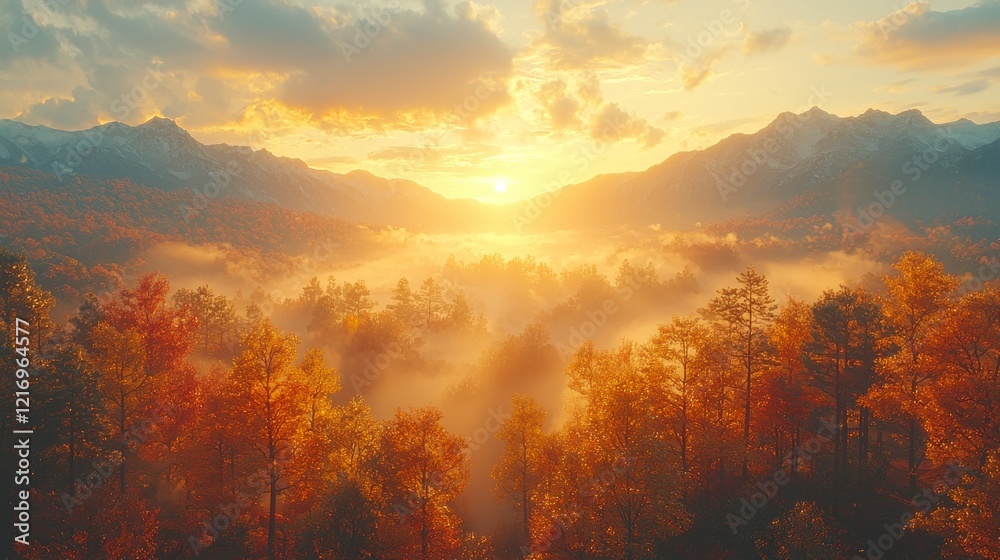A peaceful dawn scene with a valley draped in autumn colors and fog, characterized by the soft light of sunrise casting a warm glow over the landscape. A peaceful dawn scene with a valley draped in autumn colors and fog, characterized by the soft light of sunrise casting a warm glow over the landscape.