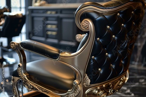 Empty golden barber chair waiting for client in luxurious barbershop photo