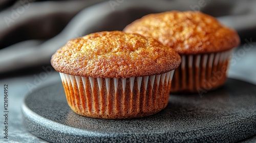 Two corn muffins on slate, kitchen backdrop, baking photo