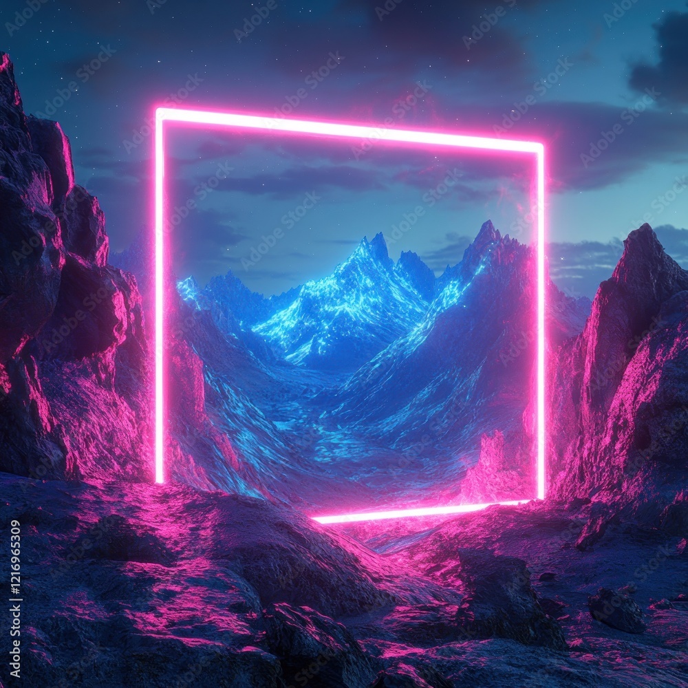 Obraz premium Neon frame mountain landscape, night scene, digital art, fantasy backdrop