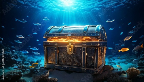 treasure chest surrounded by shimmering fish in the deep sea.-  photo