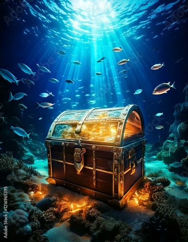 treasure chest surrounded by shimmering fish in the deep sea.-  photo