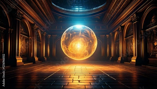 orb of unknown origin hovering in a dark chamber.- 