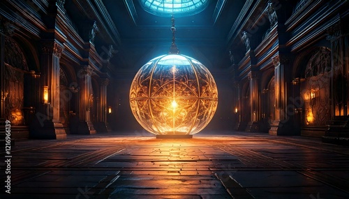 orb of unknown origin hovering in a dark chamber.- 