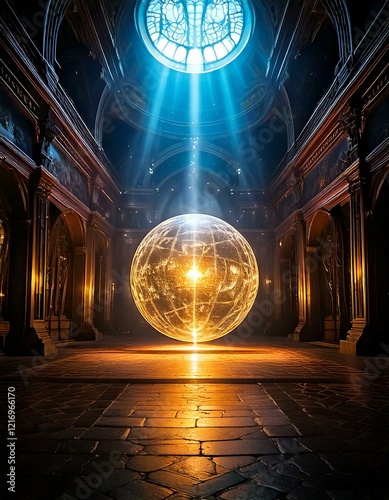 orb of unknown origin hovering in a dark chamber.- 