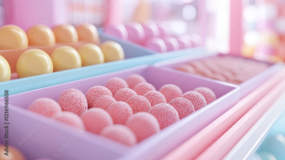 A pastel box of truffles neatly arranged in a bright candy store picture A pastel box of truffles neatly arranged in a bright candy store picture