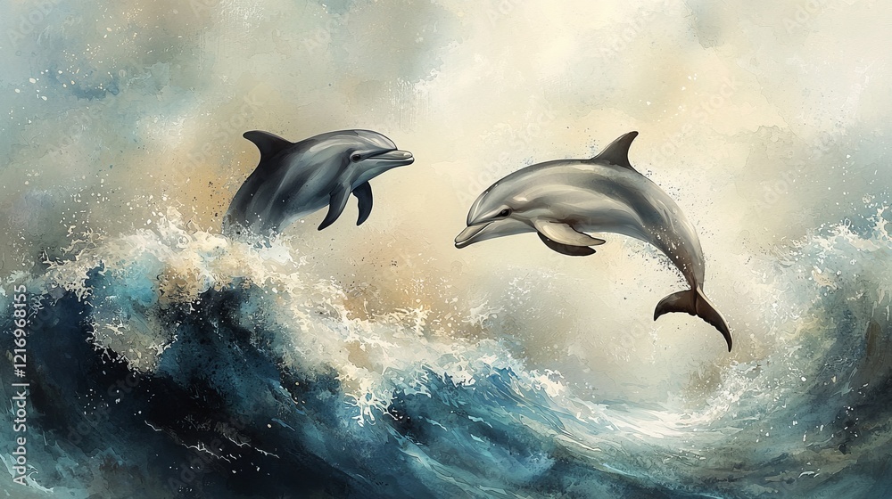 Fototapeta premium Two dolphins leap gracefully above crashing waves, showcasing their playful nature in a serene ocean setting.