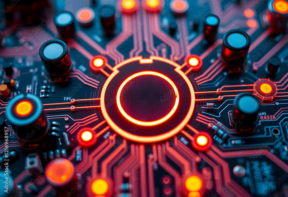 Circuit board, electronic components, microchips, close-up, macro photography, vibrant colors, neon glow, cyberpunk aesthetic, futuristic technology, detailed circuitry, blue and orange color scheme, Circuit board, electronic components, microchips, close-up, macro photography, vibrant colors, neon glow, cyberpunk aesthetic, futuristic technology, detailed circuitry, blue and orange color scheme,