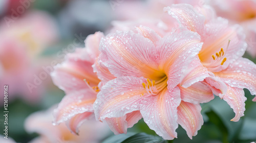 Close-up of Delicate Pink Flowers with Dew Drops: A Stunning Floral Macro Shot
