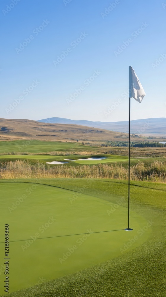 A panoramic view of a serene golf course with rolling hills under a clear blue sky. The lush green field features a flag on the green, adding to the tranquil landscape. A panoramic view of a serene golf course with rolling hills under a clear blue sky. The lush green field features a flag on the green, adding to the tranquil landscape.