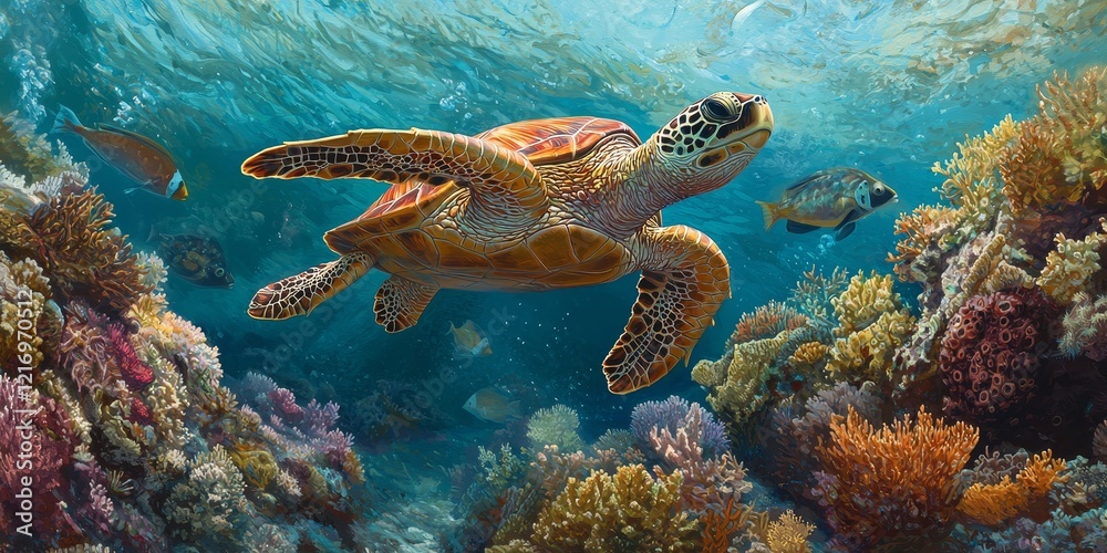 Fototapeta premium A graceful sea turtle swims through vibrant coral reefs, surrounded by colorful fish in a clear blue ocean.