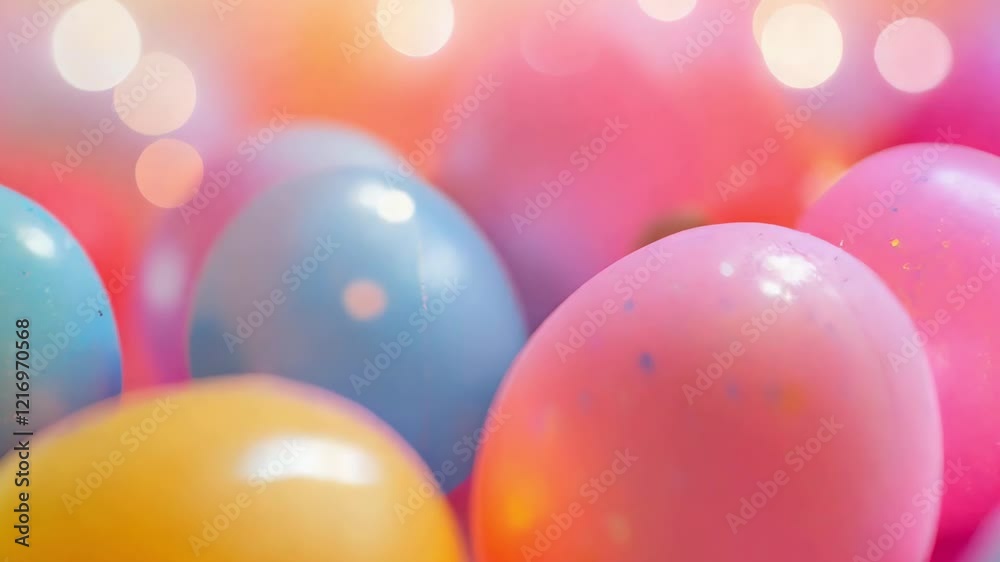 Colorful dotted easter eggs on pastel blue background with bokeh effect. Colorful dotted easter eggs on pastel blue background with bokeh effect.