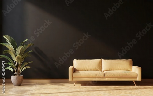 A minimalist living room with a beige leather sofa and a potted cactus, set against a matte black wall. 